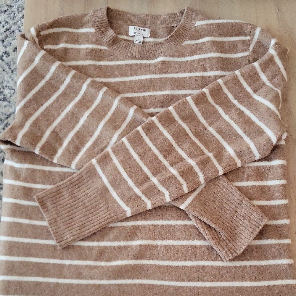 J. Crew Women's Beige and White Striped Extra Soft Crewneck Sweater Size Large